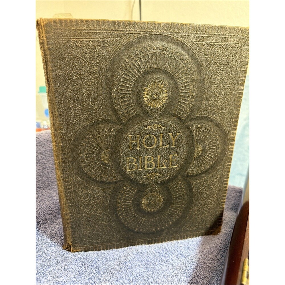 1892 Holy Bible SPE leather cover KJV Red Letter reference / Bombay Wood Case